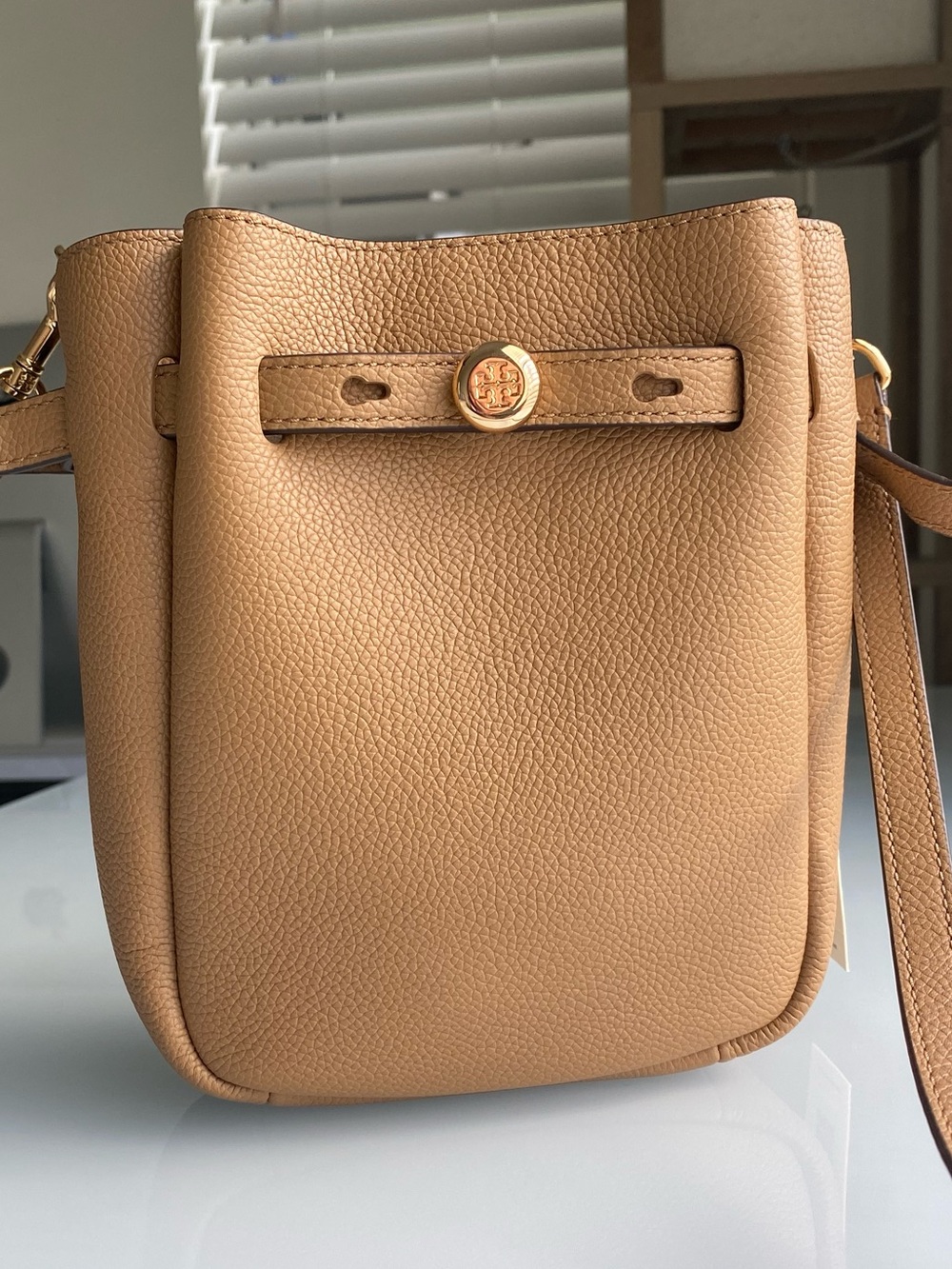 Tory Burch Camel/Tan Pebbled Leather Crossbody with Gold Logo